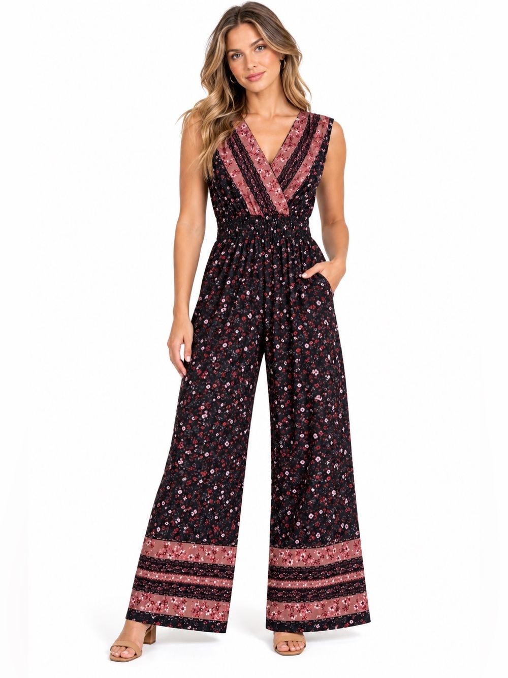 Gilli Black Floral Boho Wide Leg Jumpsuit Size Small